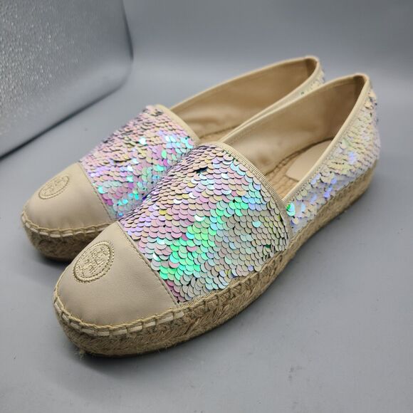 Tory Burch women flats sz 10 sequin espadrilles ivory green logo new - Picture 5 of 13